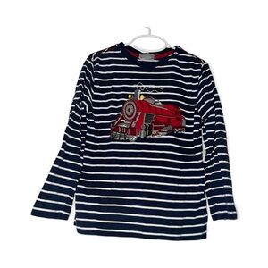 Hanna Andersson boys polar express Striped Navy and Red Train Shirt 110 5